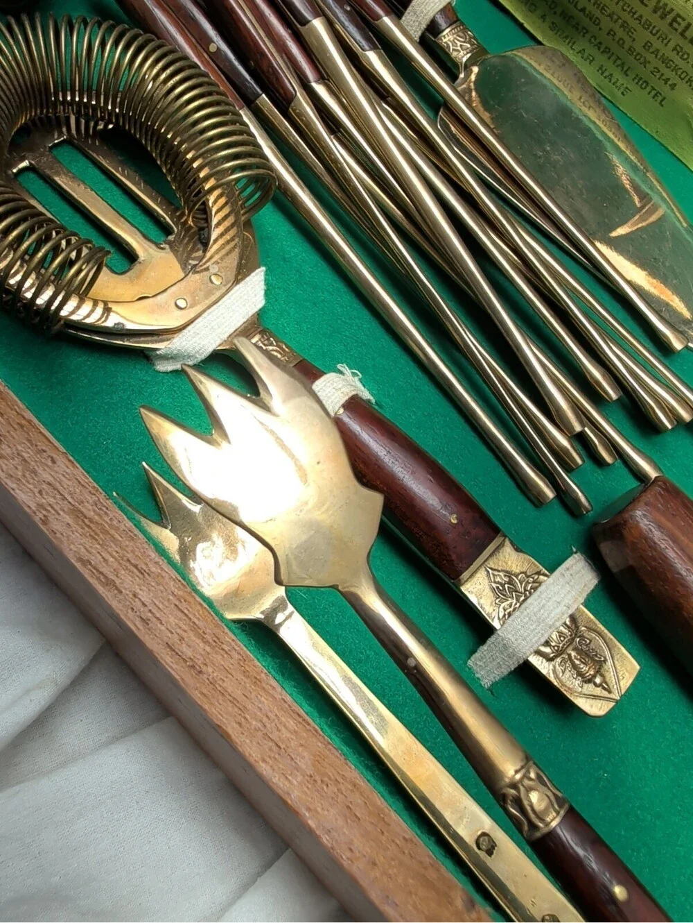 Vintage James Brass Bartender Set In Wood Case 11 Piece